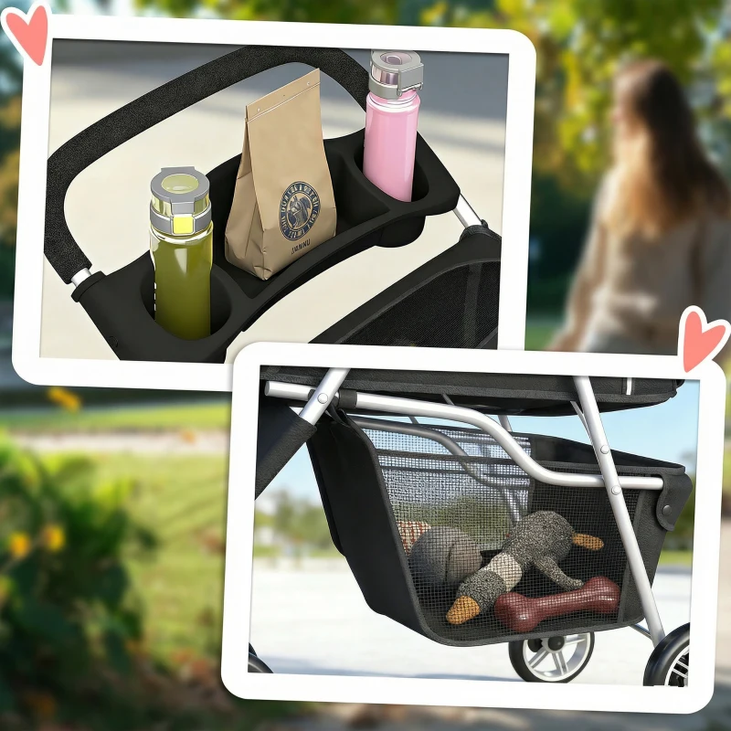 PawHut 3 Wheels Foldable Dog Stroller with Storage Basket, Adjustable Canopy, Cupholder for Miniature and Small Dogs, Black