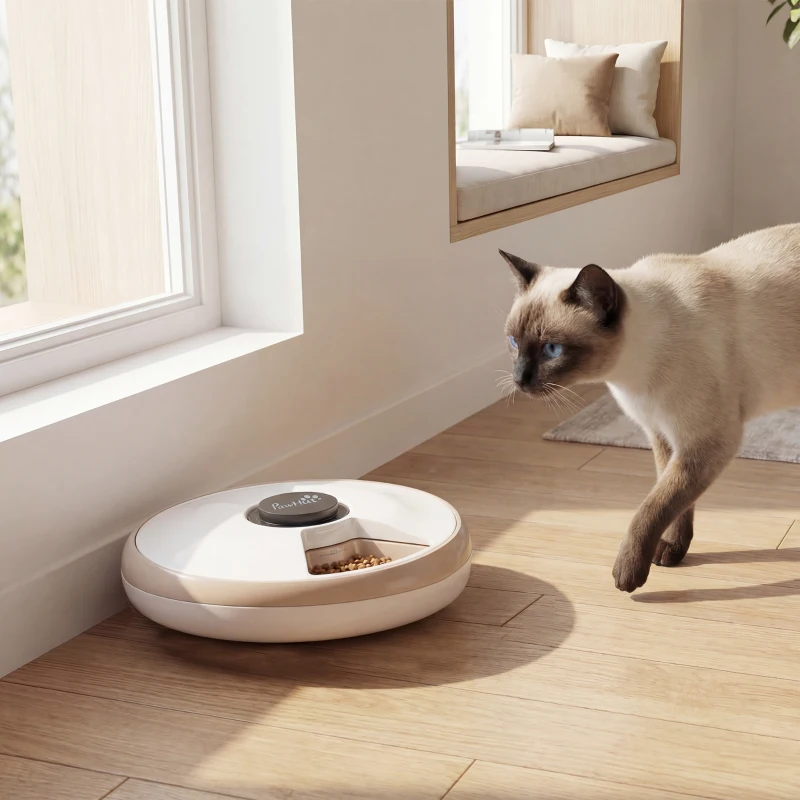 PawHut Automatic Cat Feeder for Dry Wet Food Timed Cat Dog Food Dispenser with 6 Trays 1 Ice Pack Battery Powered Light Brown