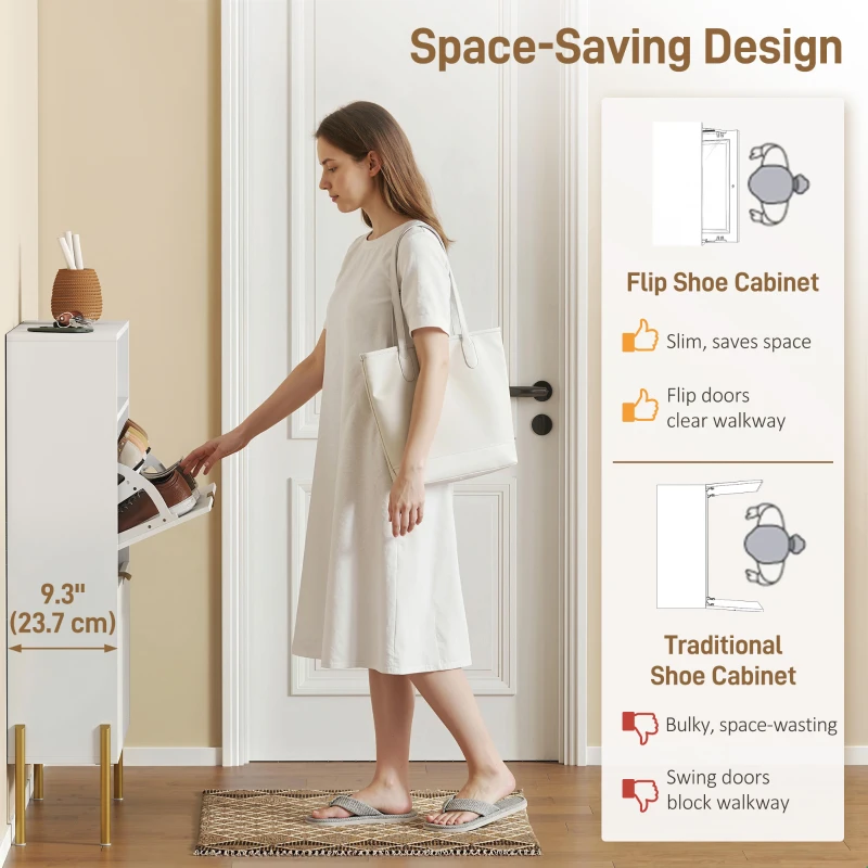HOMCOM Shoe Cabinet with 2 Flip Drawers, Modern Narrow Shoe Storage Cabinet with Open Compartment, Adjustable Shelves, White
