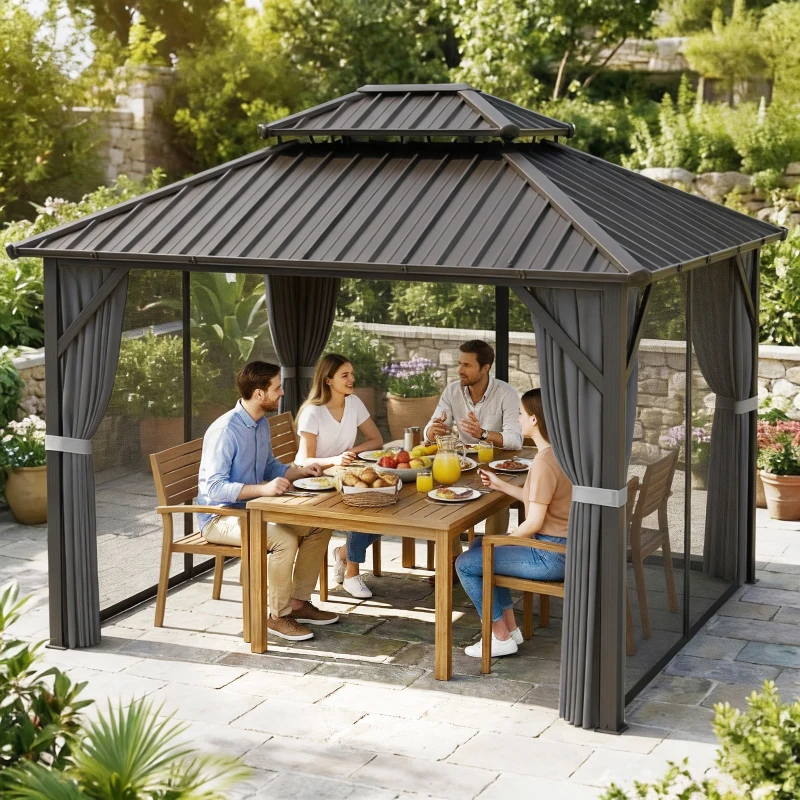 Outsunny 10' x 12' Hardtop Gazebo Canopy with Double Galvanized Steel Roof, Aluminium Frame Permanent Outdoor Gazebo, Dark Grey