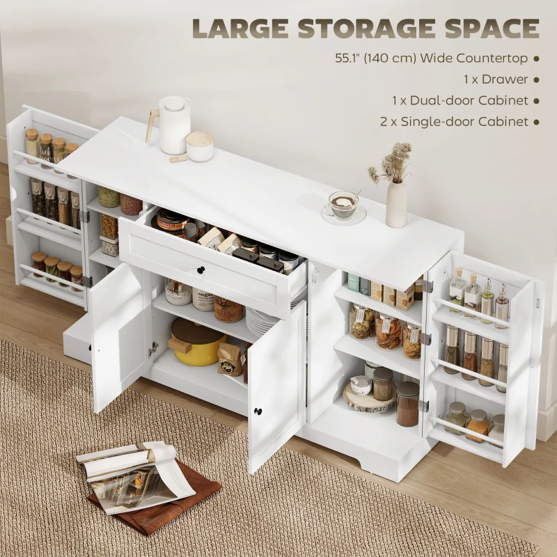 HOMCOM 55" Modern Kitchen Storage Cabinet with Drawer, Adjustable Shelves, Small Kitchen Pantry with Door Racks, White