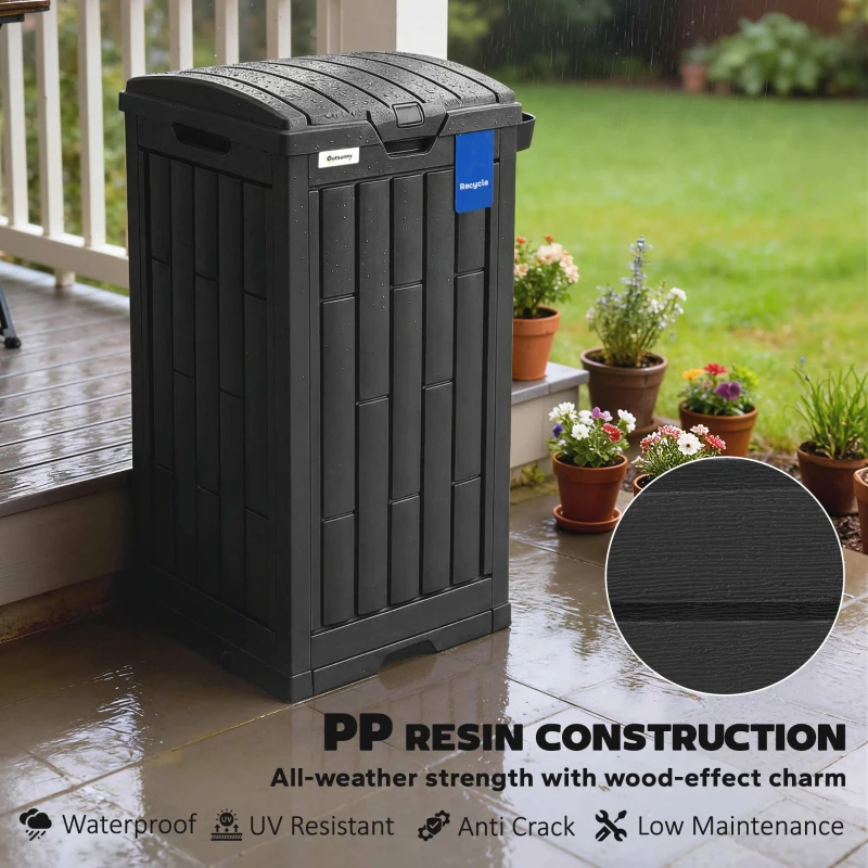 Outsunny 29 Gallon Outdoor Garbage Bin with Dual Lid, Plastic Outdoor Waste Trash Can with Side Holder and Drip Tray, Black