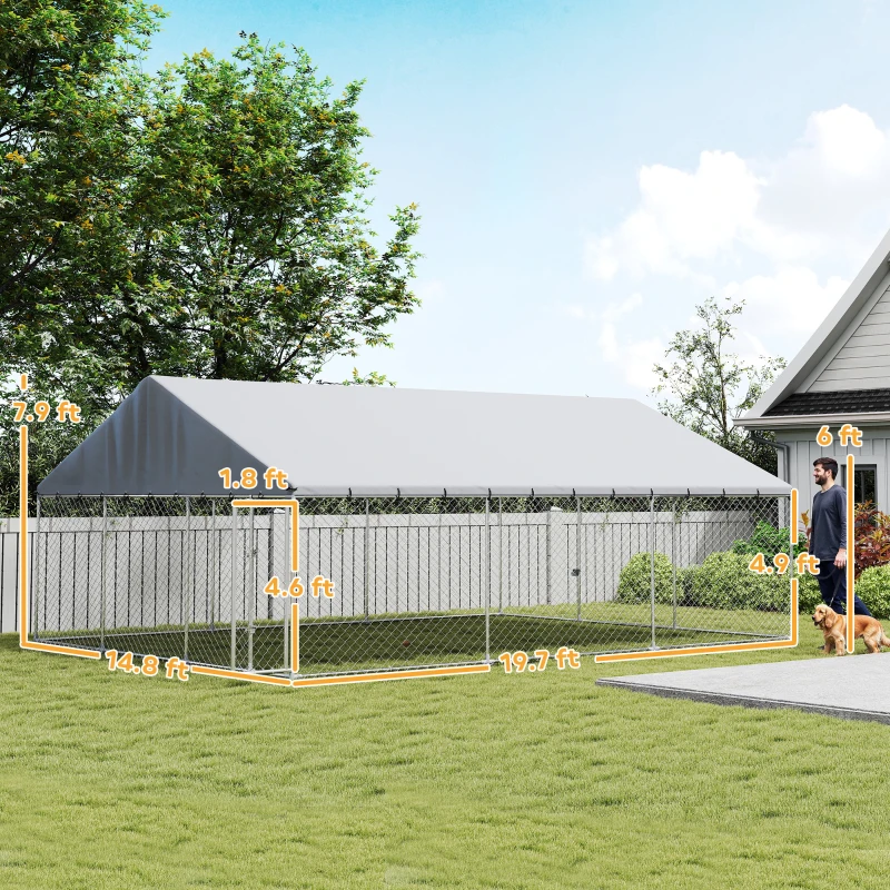 PawHut Heavy Duty Outdoor Dog Kennel with Waterproof Roof, 2 Secure Latches, Chain Link Dog Run for Backyard, 20' x 15' x 8'