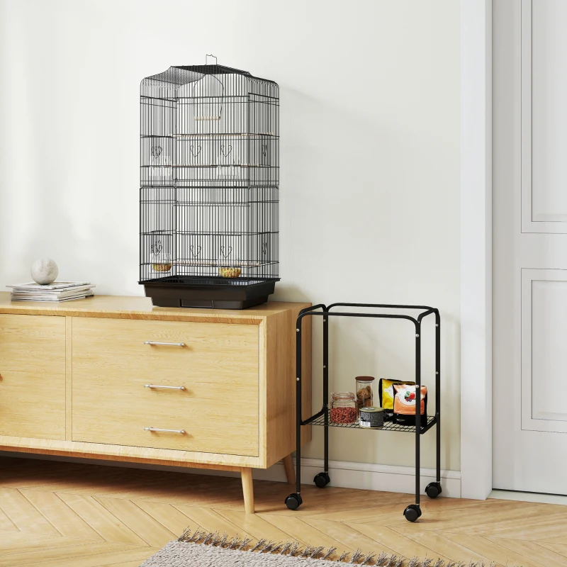PawHut 62" Rolling Bird Cage Cockatoo House Play Top Finch Pet Supply with Storage Shelf, Wheels - Black