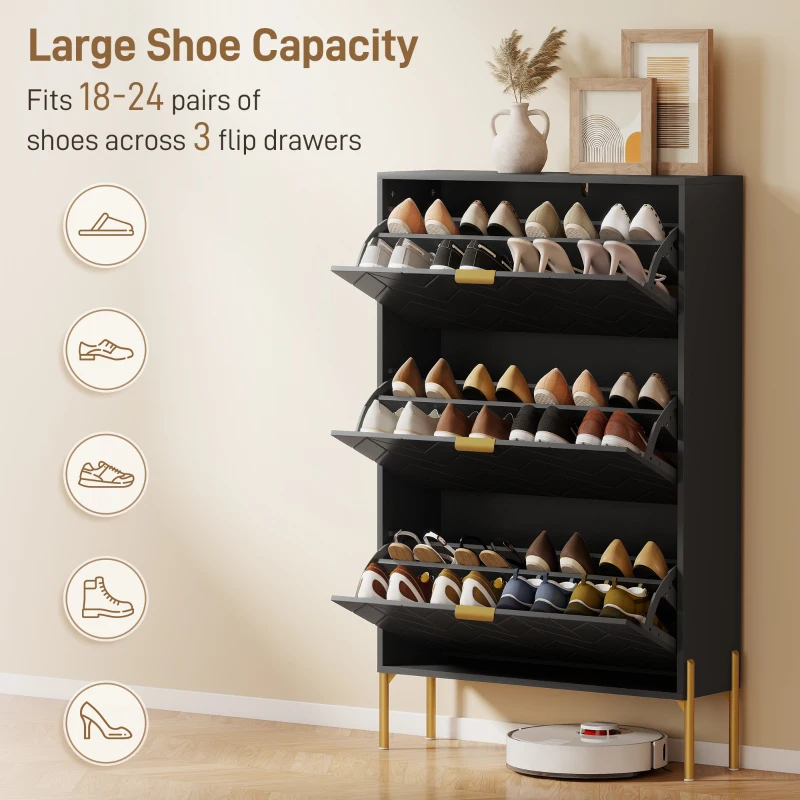 HOMCOM Shoe Cabinet with 3 Flip Drawers, Modern Narrow Shoe Storage Cabinet with Adjustable Shelves, Black