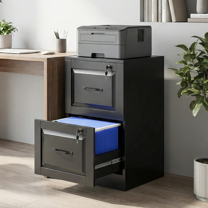 HOMCOM 2 Drawer File Cabinet with Lock, Vertical Filing Cabinet with Adjustable Hanging Bars for A4 and Letter Size, Black