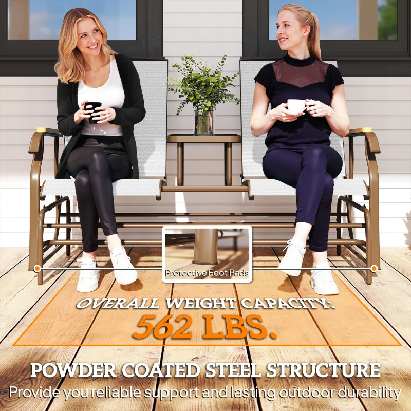 Outsunny Outdoor 2-Person Glider Bench, Outside Glider Swing Chair Loveseat with Table, Steel Frame, Cream White