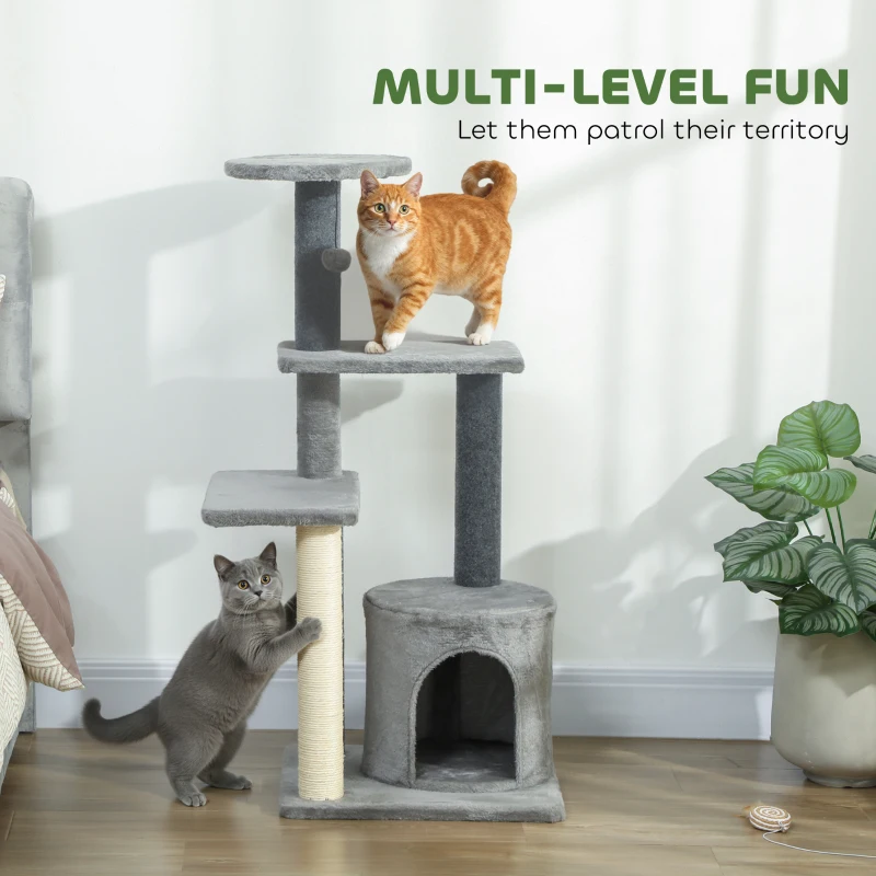PawHut Cat Tree Cat Tower Multi-Level with Sisal Scratching Post for Kittens and Adults Grey Large 41"H