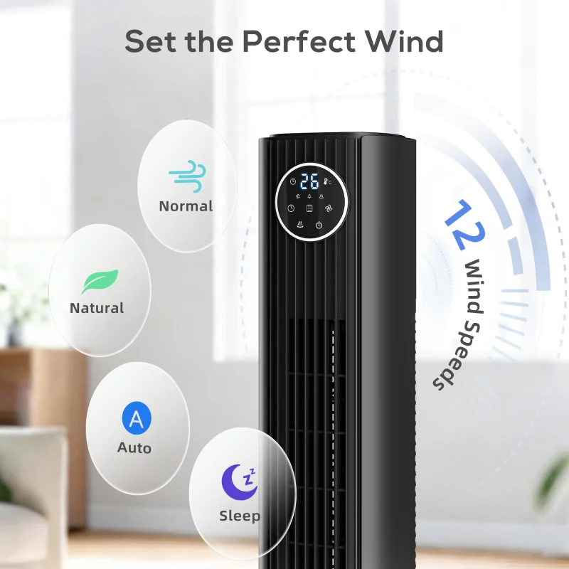 HOMCOM 28dB Tower Fan with 12 Speeds and 4 Modes, Standing Floor Fan with 80° Oscillating, 12H Timer, Black