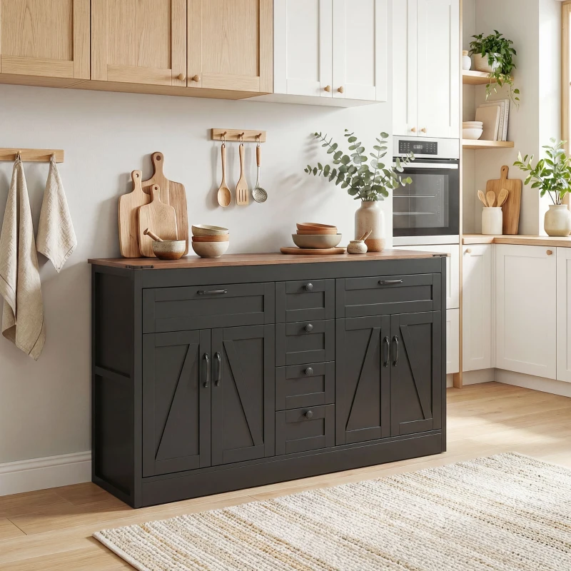 HOMCOM Sideboard Buffet Cabinet, 55" Farmhouse Kitchen Cabinet with 4 Barn Doors, 6 Drawers and 2 Adjustable Shelves, Black