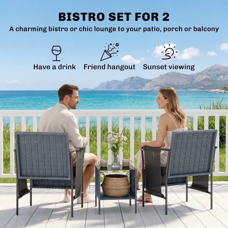 Outsunny 3 Piece Wicker Patio Furniture Set, Outdoor Bistro Set, Side Pockets, Mesh Seat, 2 Tier Glass Table, Cushions, Black