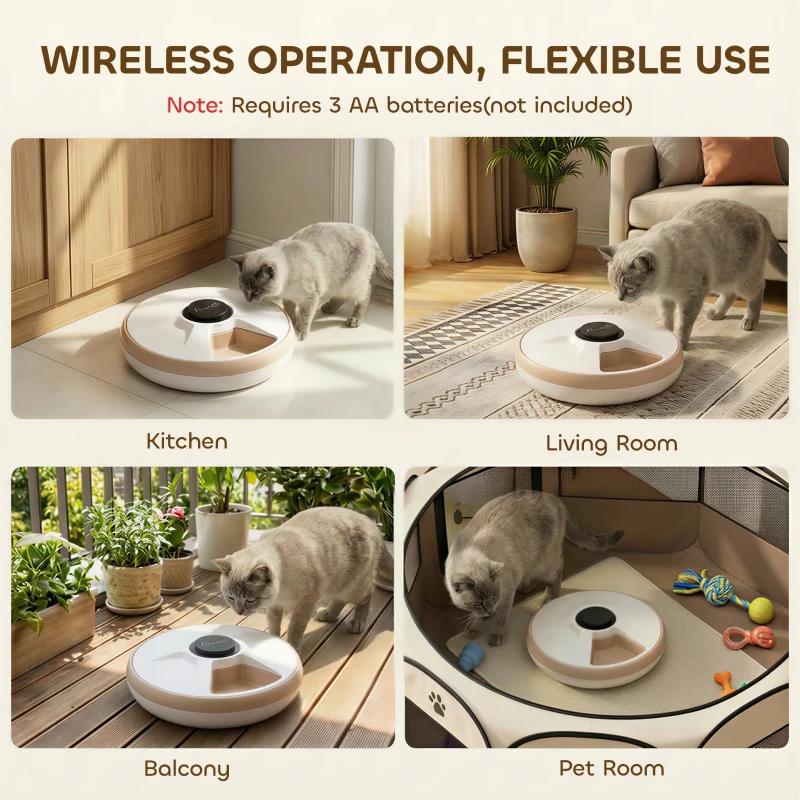 PawHut Automatic Cat Feeder for Dry Wet Food Timed Cat Dog Food Dispenser with 6 Trays 1 Ice Pack Battery Powered Light Brown