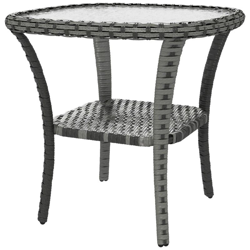Outsunny Outdoor Coffee Table with Storage Shelf, Hand-Woven Wicker Side Table with Water-Ripple Glass Top, Mix Grey