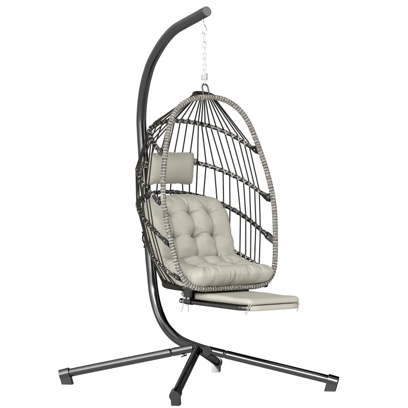 Outsunny Outdoor Hanging Egg Chair with Retractable Footrest Swing Chair with Metal Stand Light Grey