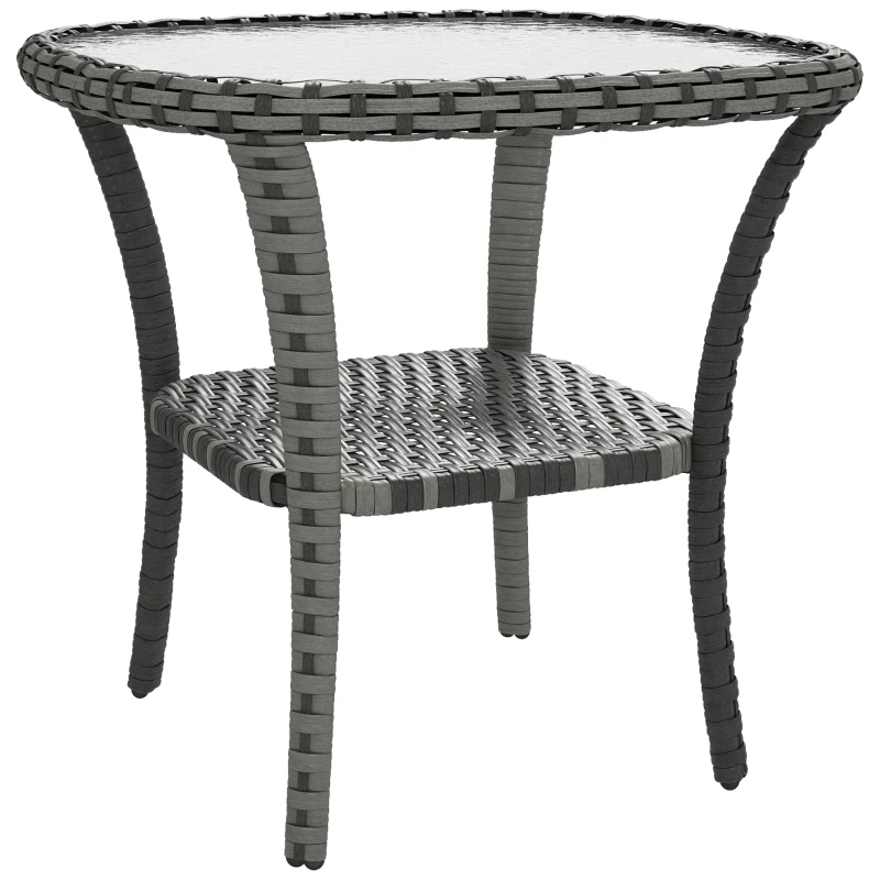 Outsunny Outdoor Coffee Table with Storage Shelf, Hand-Woven Wicker Side Table with Water-Ripple Glass Top, Mix Grey