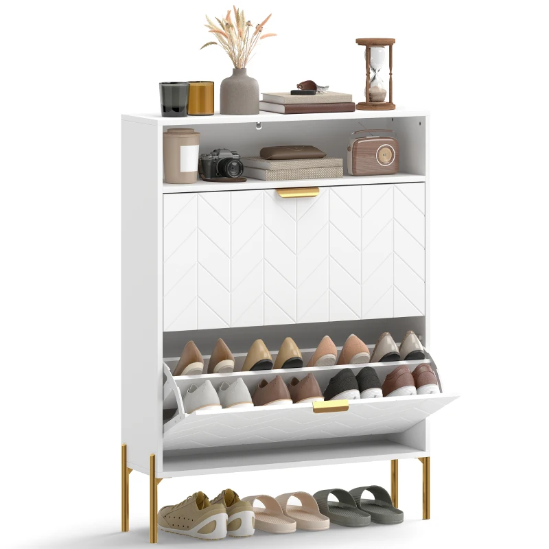 HOMCOM Shoe Cabinet with 2 Flip Drawers, Modern Narrow Shoe Storage Cabinet with Open Compartment, Adjustable Shelves, White