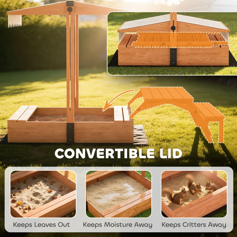 Qaba Kids Sandbox with Canopy, Wooden Sand Box with Foldable Picnic Table, Bench Seats, Liner, Cover, Gift for Ages 3-8