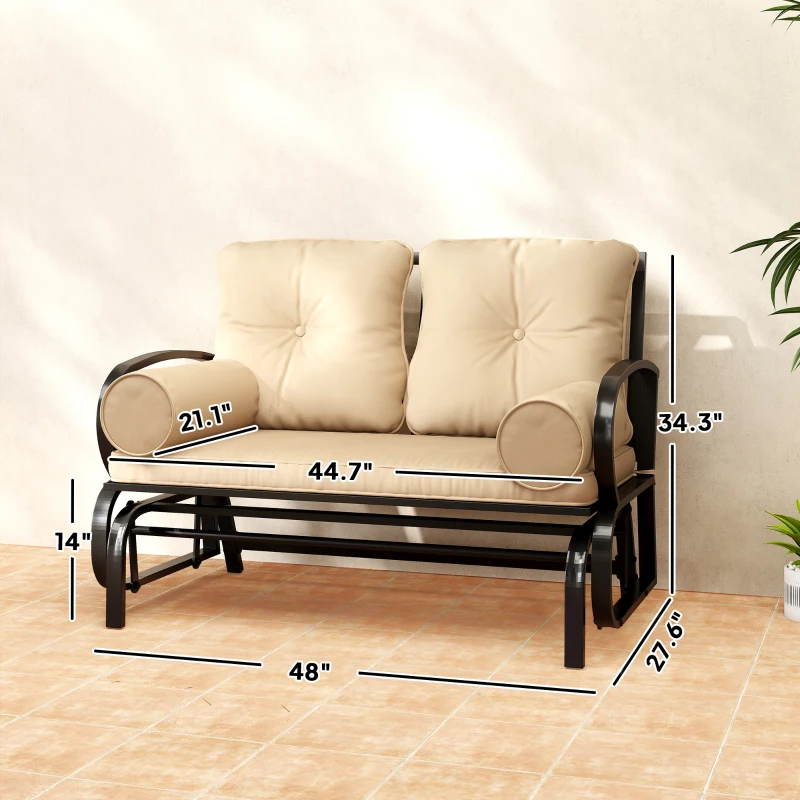 Outsunny Swing Glider Rocking Chair, Double Patio Bench, 2 Person Loveseat with Steel Frame, Cushions, Pillow Armrests, Khaki