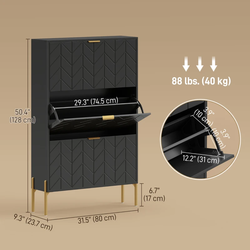 HOMCOM Shoe Cabinet with 3 Flip Drawers, Modern Narrow Shoe Storage Cabinet with Adjustable Shelves, Black