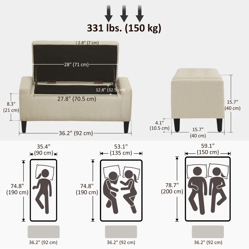HOMCOM 36" Storage Ottoman Bench, Linen-Look Fabric End of Bed Bench with Solid Wood Frame and Legs, Tufted Storage Chest, Footrest for Living Room, Bedroom, Entryway, Beige