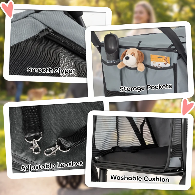 PawHut 3 Wheel Pet Stroller with Easy One-Click Quick Fold, Mesh Window, Washable Cushion, for Medium Dogs, Gray