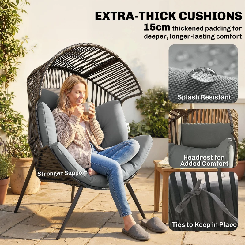 Outsunny Wicker Egg Chair, Indoor Outdoor Rattan Lounge Chair with Thick Cushion and Headrest, Steel Frame, Adjustable Pads, Grey