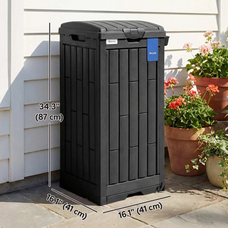 Outsunny 29 Gallon Outdoor Garbage Bin with Dual Lid, Plastic Outdoor Waste Trash Can with Side Holder and Drip Tray, Black