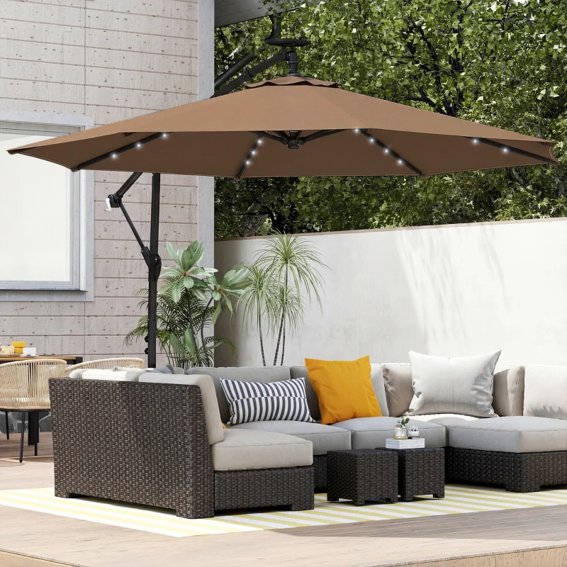 Outsunny 9.7 ft Cantilever Patio Umbrella with Solar Light, Garden Hanging Parasol with Cover, Tilt, Crank, Khaki