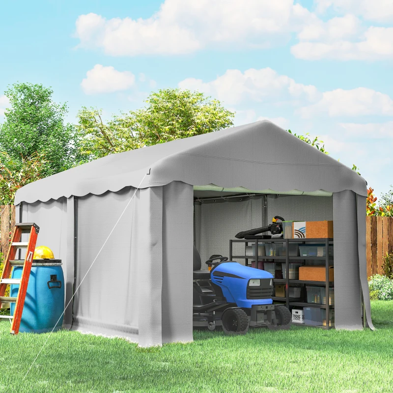 Outsunny 13' x 10' Portable Shed, Outdoor Storage Shed Tent with Roll-up Zipper Door and Removable Sidewalls, Light Grey