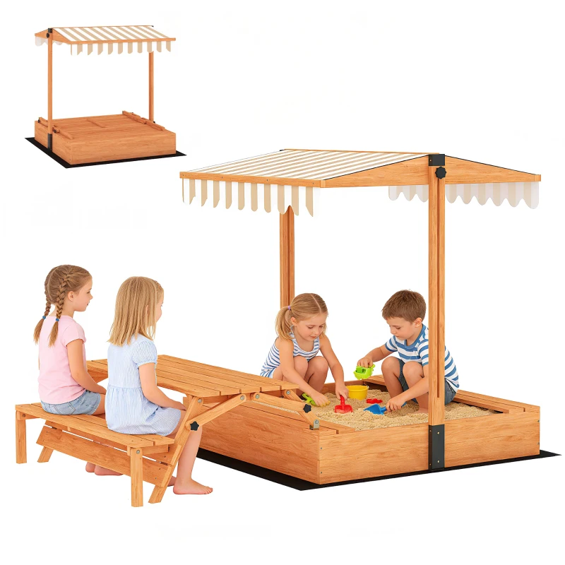 Qaba Kids Sandbox with Canopy, Wooden Sand Box with Foldable Picnic Table, Bench Seats, Liner, Cover, Gift for Ages 3-8