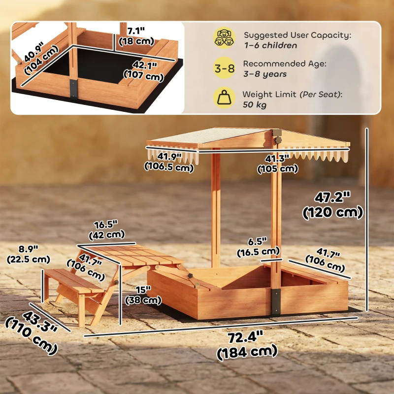Qaba Kids Sandbox with Canopy, Wooden Sand Box with Foldable Picnic Table, Bench Seats, Liner, Cover, Gift for Ages 3-8