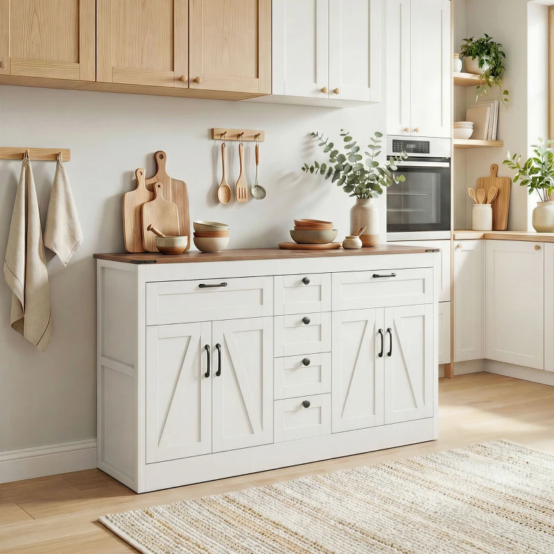 HOMCOM Sideboard Buffet Cabinet, 55" Farmhouse Kitchen Cabinet with 4 Barn Doors, 6 Drawers and 2 Adjustable Shelves, White