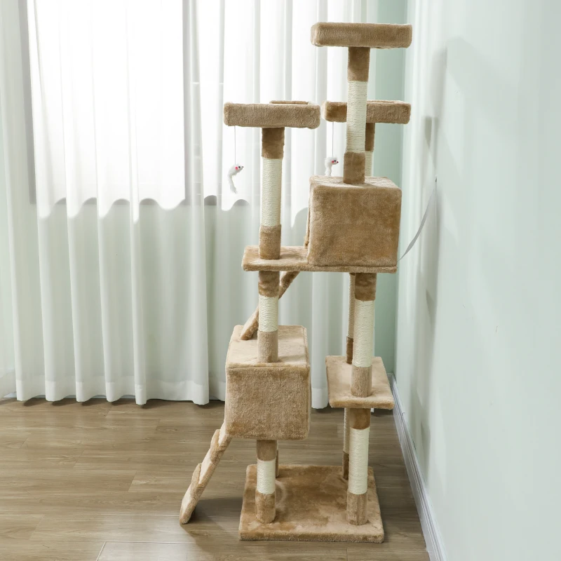 PawHut 68-inch Multi-Level Cat Scratching Tree Kitty Activity Center Post Tower Condo Pet Furniture w/ Toy Light Brown
