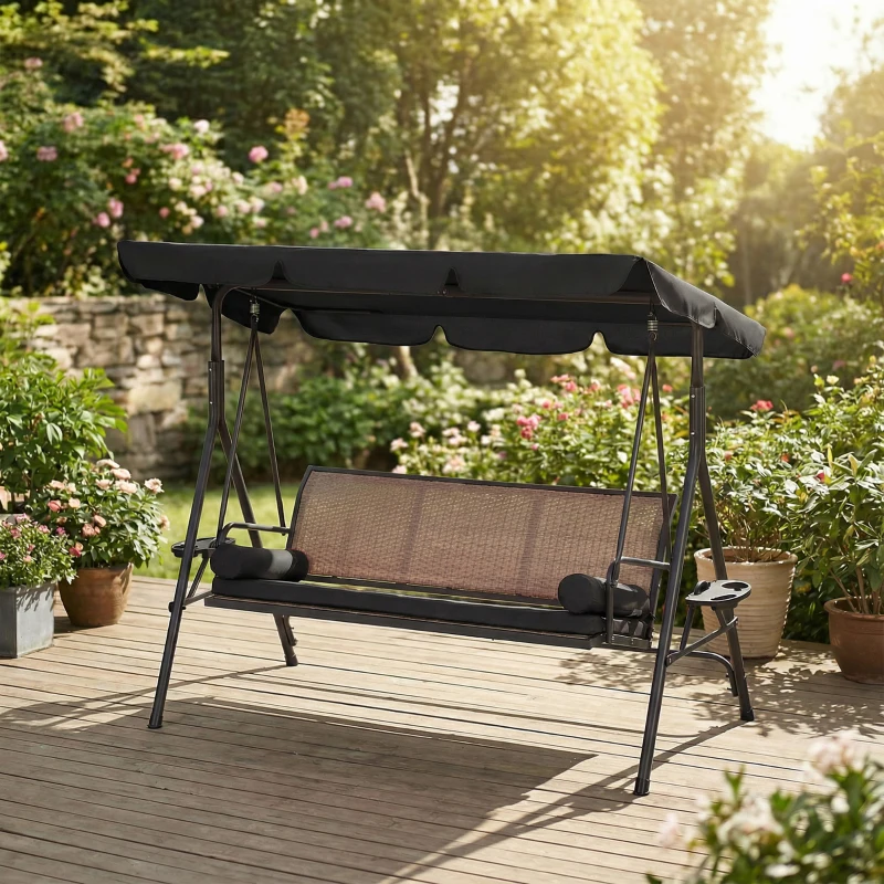 Outsunny Outdoor 3-Seat Porch Swing with Canopy, Rattan Seat, Removable Cushion, Pillows and Steel Frame