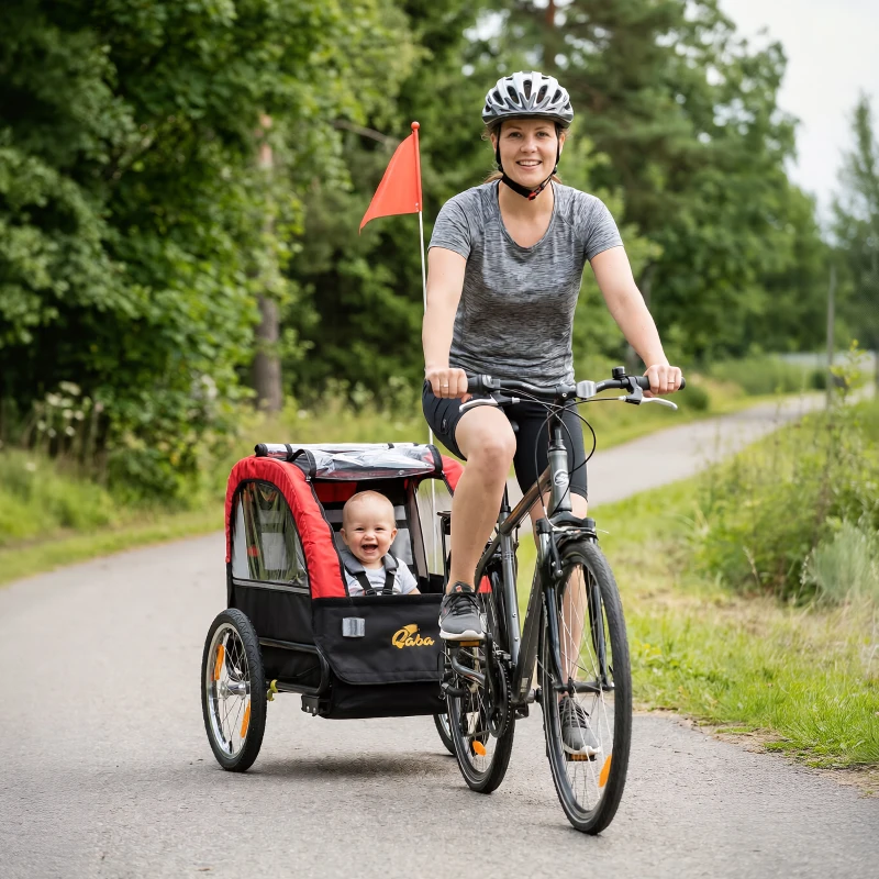 Qaba Bike Trailer for Kids, Baby Bicycle Trailer with 5-Point Harness, 16" Rubber Wheels, Storage Bag, for 18+ Months, Red