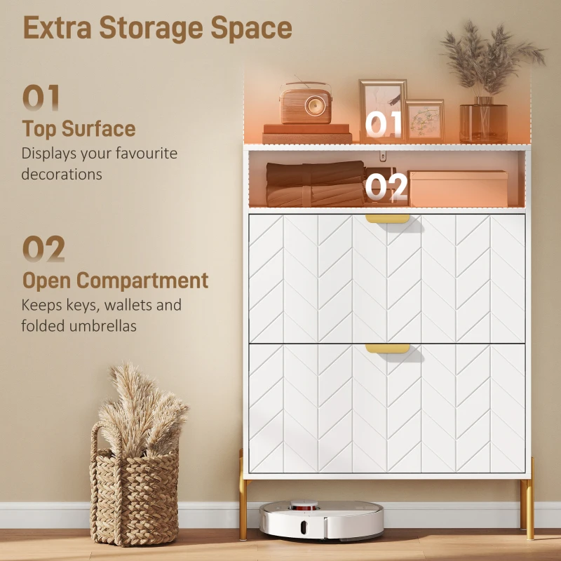 HOMCOM Shoe Cabinet with 2 Flip Drawers, Modern Narrow Shoe Storage Cabinet with Open Compartment, Adjustable Shelves, White