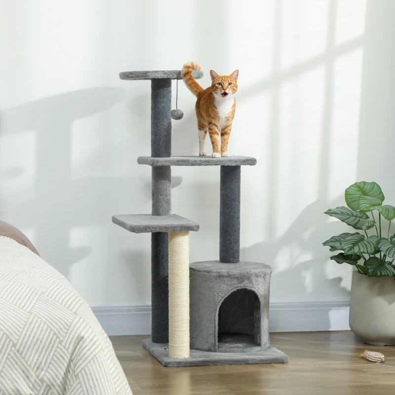 PawHut Cat Tree Cat Tower Multi-Level with Sisal Scratching Post for Kittens and Adults Grey Large 41"H