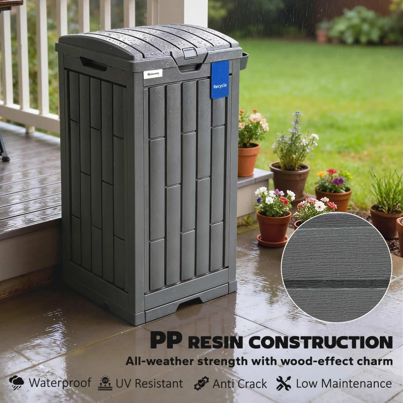 Outsunny 29 Gallon Outdoor Garbage Bin with Dual Lid, Plastic Outdoor Waste Trash Can with Side Holder and Drip Tray, Grey