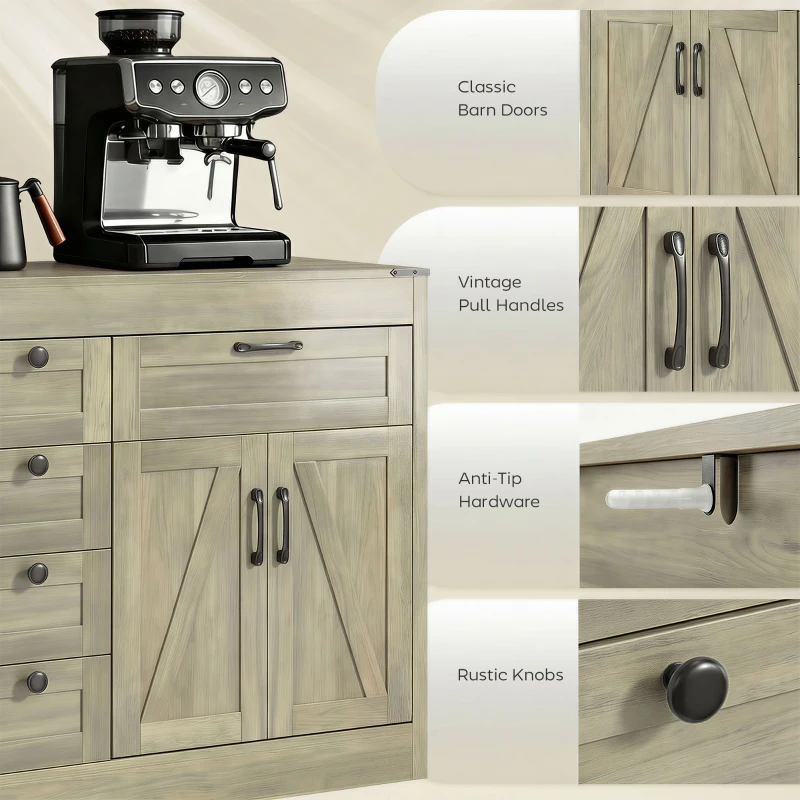 HOMCOM Sideboard Buffet Cabinet, 55" Farmhouse Kitchen Cabinet with 4 Barn Doors, 6 Drawers and 2 Adjustable Shelves, Grey