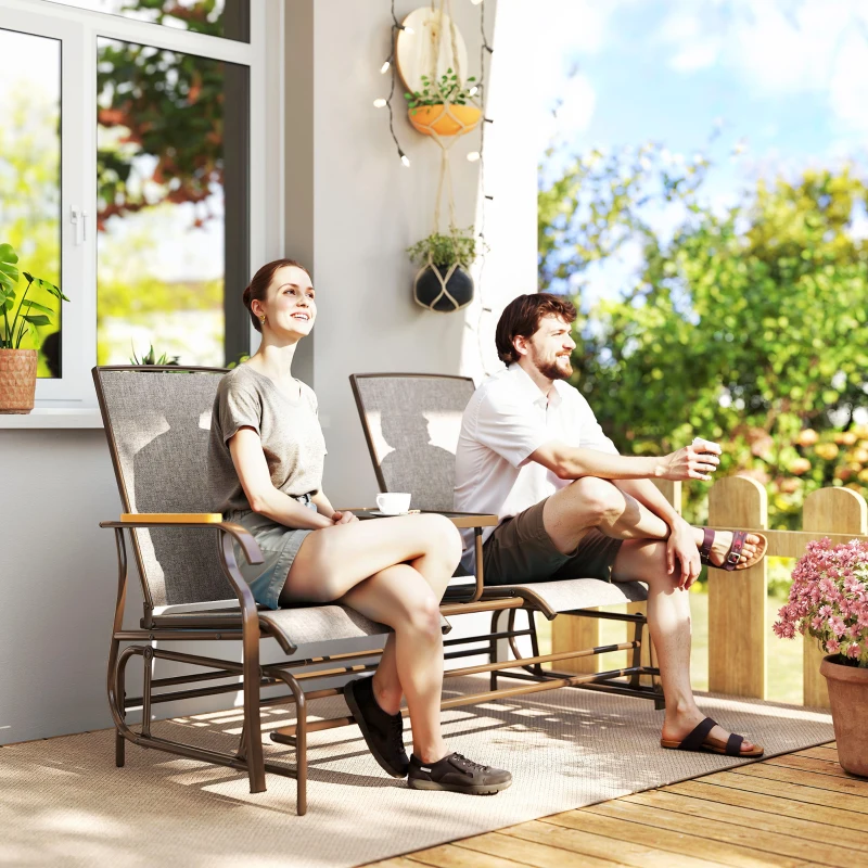 Outsunny Outdoor 2-Person Glider Bench, Outside Glider Swing Chair Loveseat with Table, Steel Frame, Light Mixed Brown