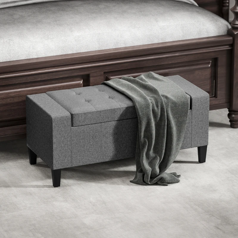 HOMCOM 36" Storage Ottoman Bench, Linen-Look Fabric End of Bed Bench with Solid Wood Frame and Legs, Tufted Storage Chest, Footrest for Living Room, Bedroom, Entryway, Grey