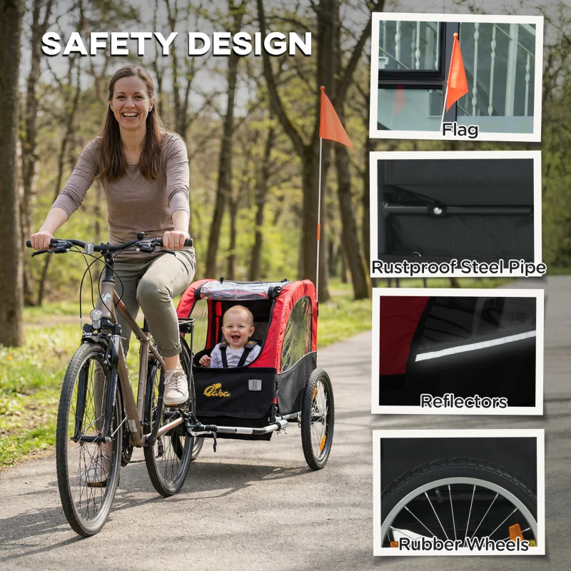 Qaba Bike Trailer for Kids, Baby Bicycle Trailer with 5-Point Harness, 16" Rubber Wheels, Storage Bag, for 18+ Months, Red