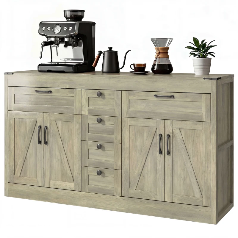 HOMCOM Sideboard Buffet Cabinet, 55" Farmhouse Kitchen Cabinet with 4 Barn Doors, 6 Drawers and 2 Adjustable Shelves, Grey