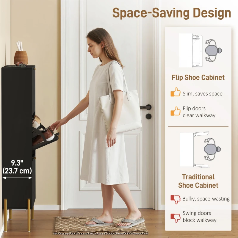 HOMCOM Shoe Cabinet with 3 Flip Drawers, Modern Narrow Shoe Storage Cabinet with Adjustable Shelves, Black