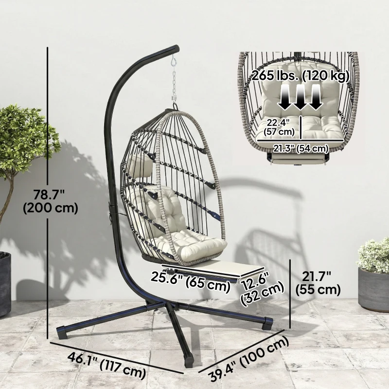 Outsunny Outdoor Hanging Egg Chair with Retractable Footrest Swing Chair with Metal Stand Light Grey