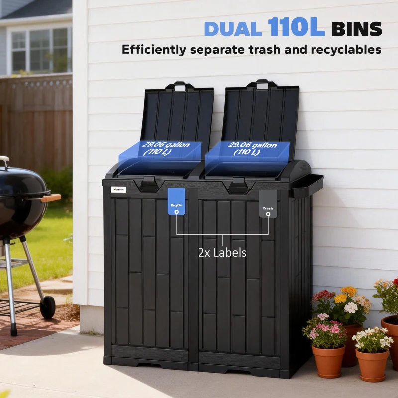 Outsunny 58 Gallon Double Outdoor Garbage Bin with Dual Lid, Plastic Outdoor Waste Trash Can with Ash Holder and Drip Trays