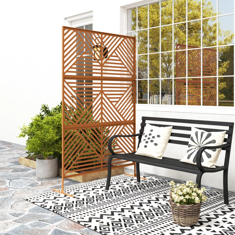 Outsunny Decorative Privacy Fence Screen, Metal Outdoor Privacy Screen Climbing Plant Trellis with Stand, Rhombus Brown
