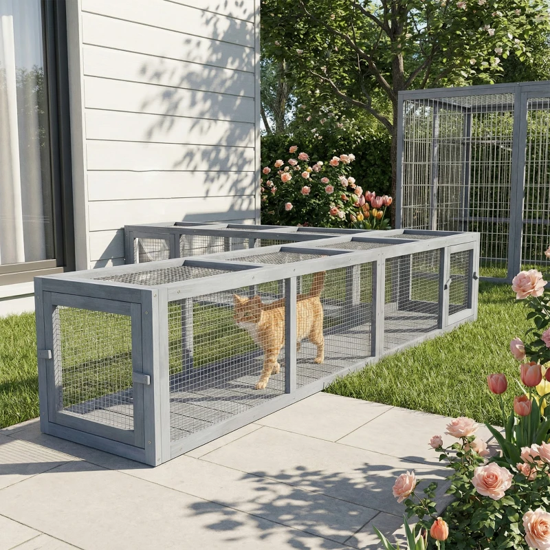 PawHut Wooden Cat Run with Weather Protection, Connecting Inside and Outside, 79"L x 15"W x 15"H, Dark Gray