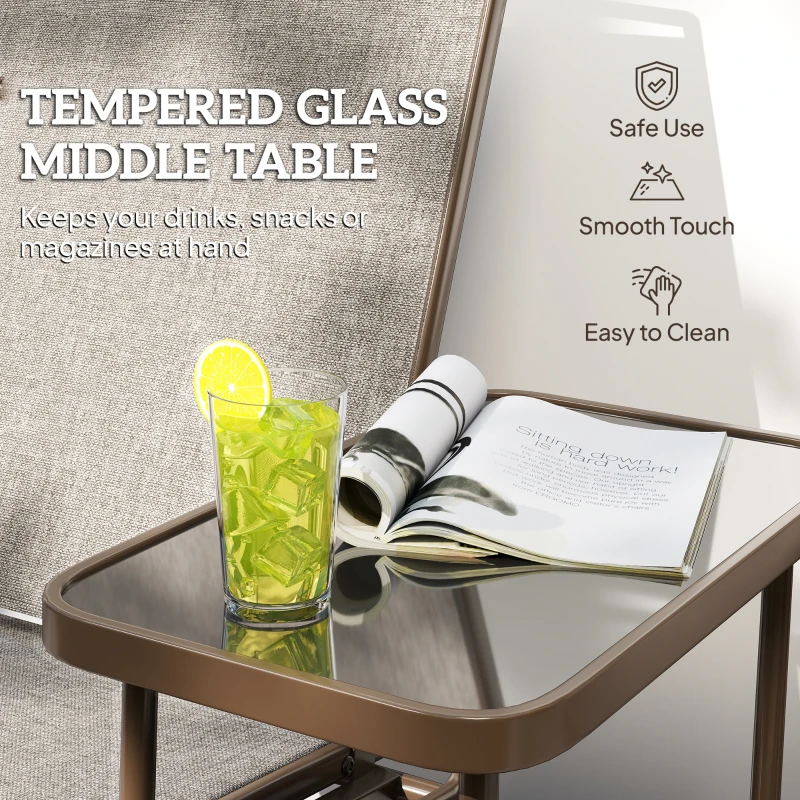 Outsunny Outdoor 2-Person Glider Bench, Outside Glider Swing Chair Loveseat with Table, Steel Frame, Light Mixed Brown