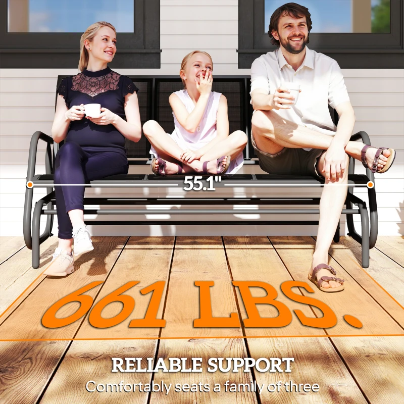 Outsunny 3-Person Outdoor Patio Glider Bench, Porch Glider Swing with 3 Seats, Breathable Mesh Fabric, Metal Frame, Black